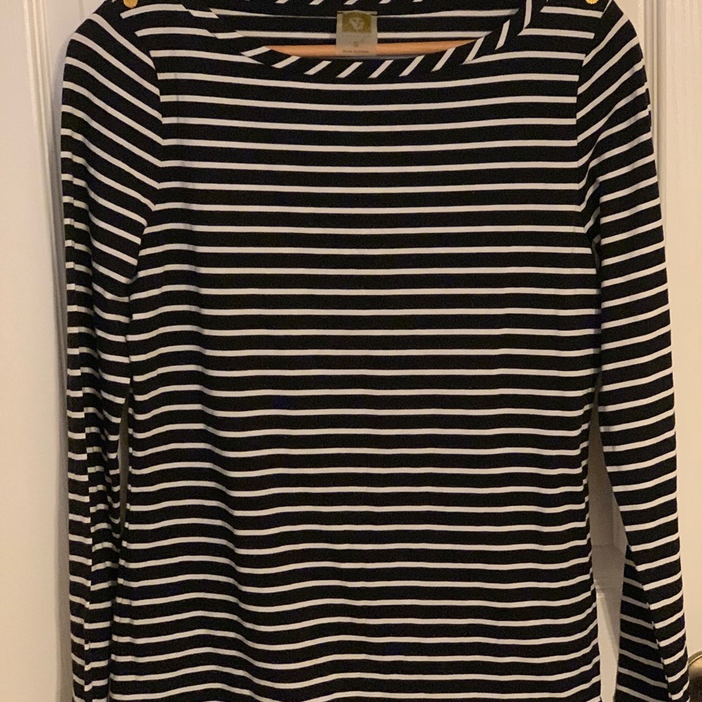 Anne Klein Blue and white striped shirt with gold lion buttons Size S